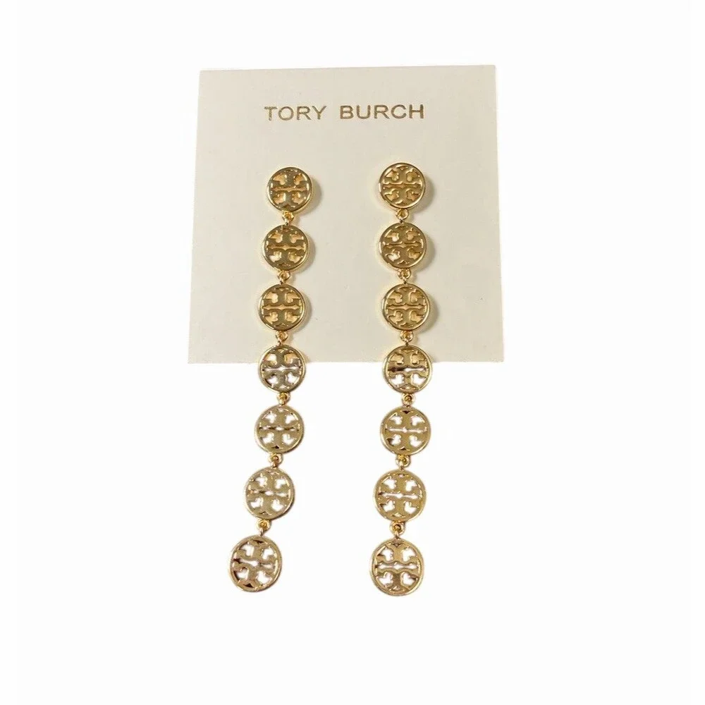 Tory Burch Earrings Gold Logo Linked Disc Linear Drop Dangle Statement